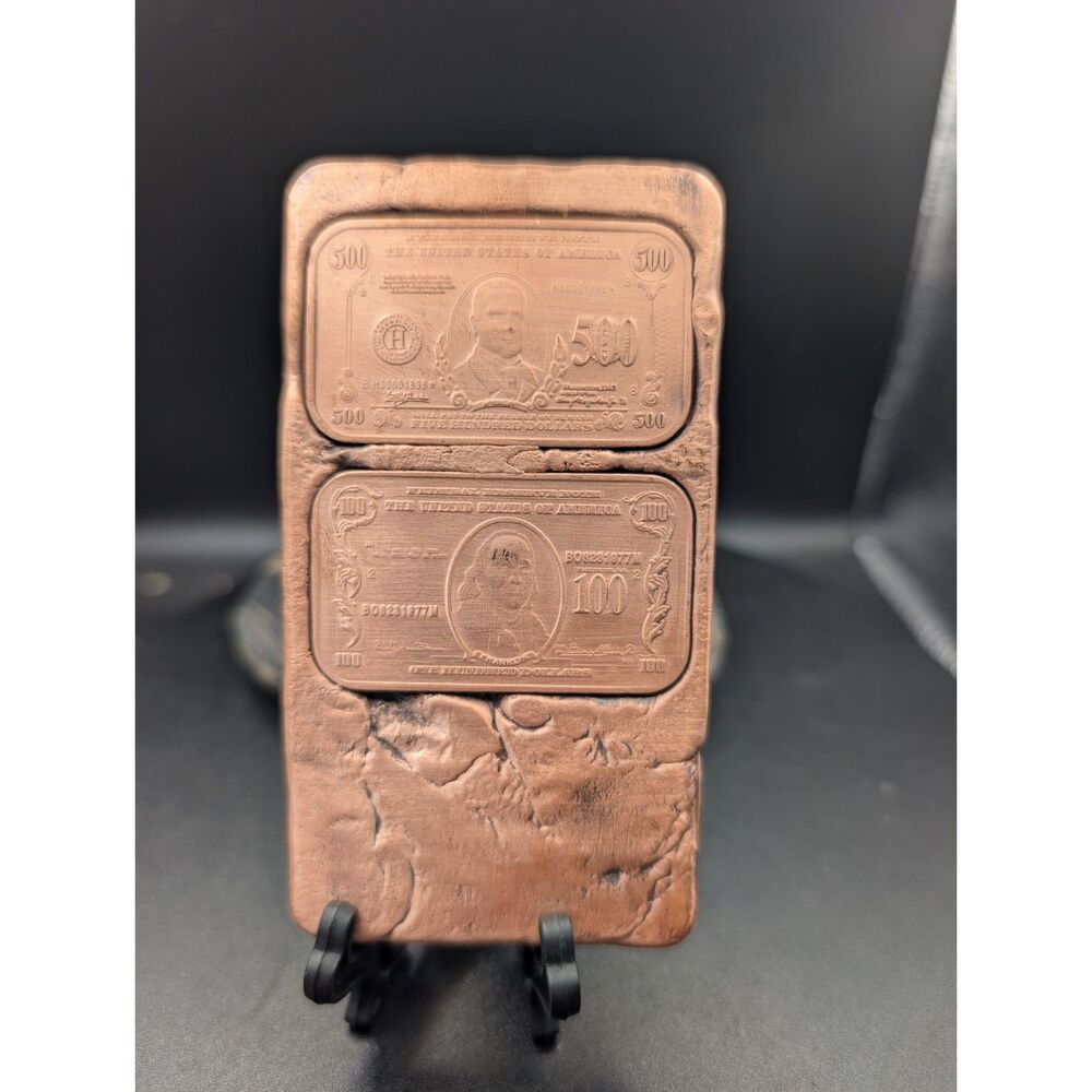 11.5 oz Hand Poured Copper Art Bar $500 & $100 Note Design .999 Copper